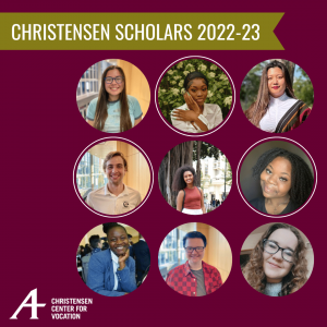 Headshots of all 9 Christensen Scholars in small circles with text "Christensen Scholars 2022-23" on top left.